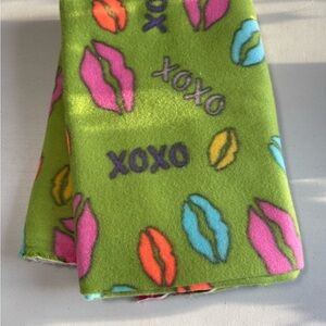 Green Fleece fabric with Colorful Lips and XOXO Pattern